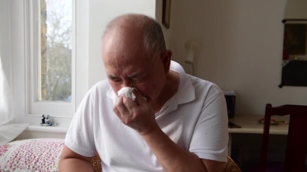 Elderly Man Sneezing Paper Tissues Blowing His Nose Suffering Symptoms — Stock video
