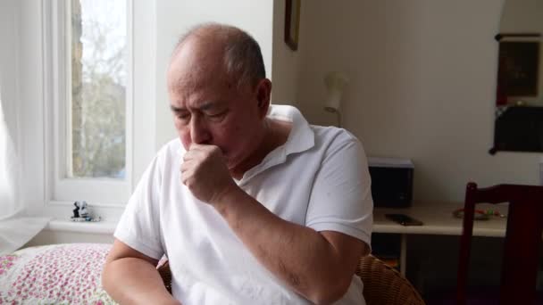 Elderly Man Coughing Suffering Symptoms Winter Cold Flu — Stock video