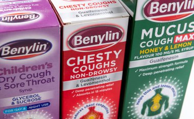 London. UK-02.12.2023. Three types of Benylin cough medicine to relief different kinds of cough.