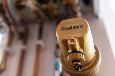 London. UK- 04.07.2023. The Vaillant company name and trademark on a part of a combi boiler. clipart