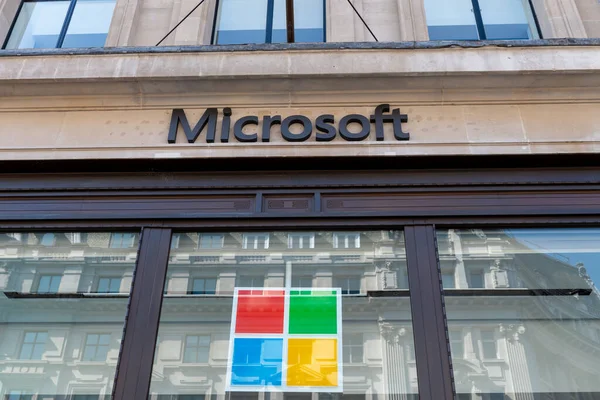 stock image London. UK- 04.09.2023. The Microsoft retail store in Oxford Circus showing the company name and logo, trademark.