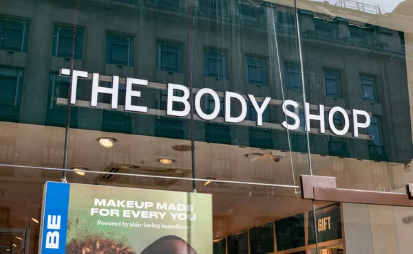 stock image London. UK- 04.09.2023. The store name sign of a branch of The Body Shop on Regent Street.