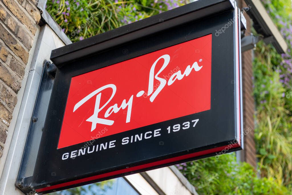 London. UK- 05.17.2023. The Ray-Ban name sign on the facade of its retail store in Covent Garden.