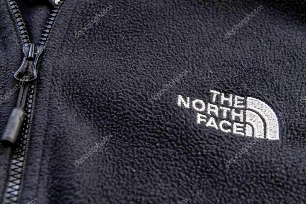 London. UK-05.23.2023. The name label on a jacket of the American outdoor recreation products company The North Face.