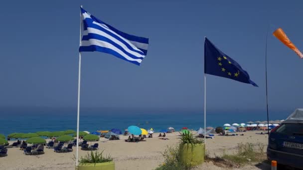 Lefkada Eiland Griekenland 2023 Griekse Nationale Flat Vlag Van Europese — Stockvideo