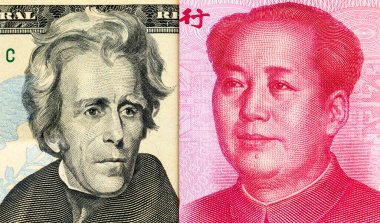 20 dolarlık banknot ve 100 Yuan 'lık Çin banknotunu kapat. Para birimi finansal rekabet çatışması konsepti.