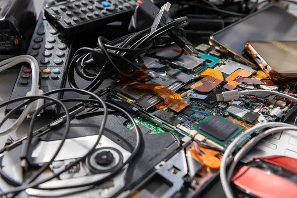 stock image A heap of general household electronic technology industrial waste of outdate devices causing pollution.