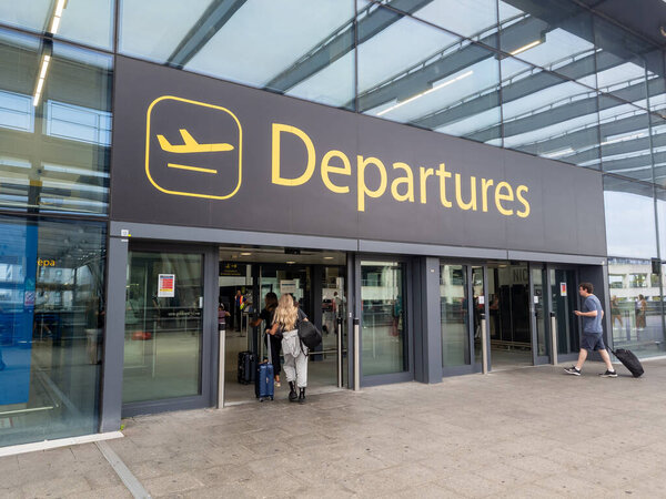 Gatwick. UK- 09.10.2023. The sign for the departure hall of Gatwick Airport north terminal building.
