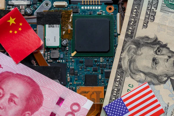 Technology Conflict Competition Concept American Chinese Flags Top Semiconductor Circuit Stock Picture
