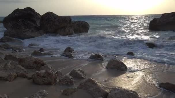 Kavalikefta Beach Bei Sonnenuntergang Mit Wellen Strand Lefkada Griechenland — Stockvideo