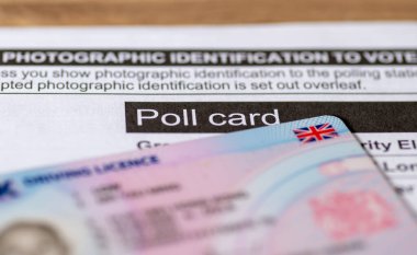 An official poll card for government elections and a UK photo driving licence as prove of identity. clipart