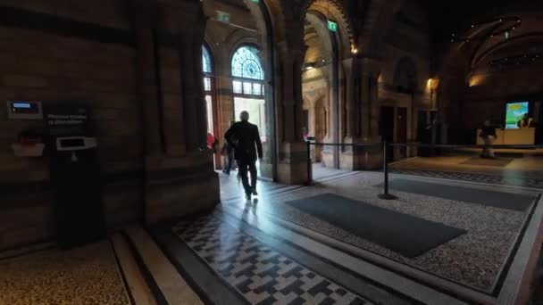 London 2024 Walking Out Front Door Leaving Natural History Museum — Stock Video