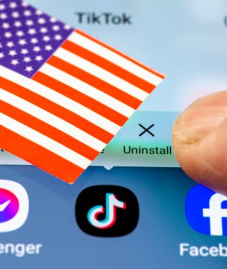 London. UK- 04.26.2024. A US TikTok ban concept with the Chinese app on the screen of an Android phone, the US flag and a finger going to press the uninstall option. clipart