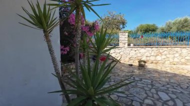 Lefkada adasında saksı ve açık hava bitkileriyle geleneksel bir Yunan köy evi..