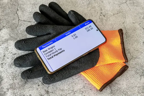 stock image A work wages concept with a smart phone with a digital earning pay slip on top of a pair of work gloves isolated in a concrete background.