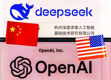 London. UK- 02.02.2025. Micro close up of the logo and name sign of the Chinese and American AI technology company DeepSeek and OpenAI together with national flags. AI technology competition concept. clipart