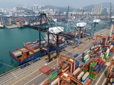 Hong Kong. Çin... 02.18.2025. Hong Kong Limanı 'nın havadan görüntüsü. İskele vinçleri konteynırları bir kargo gemisine yüklüyor..