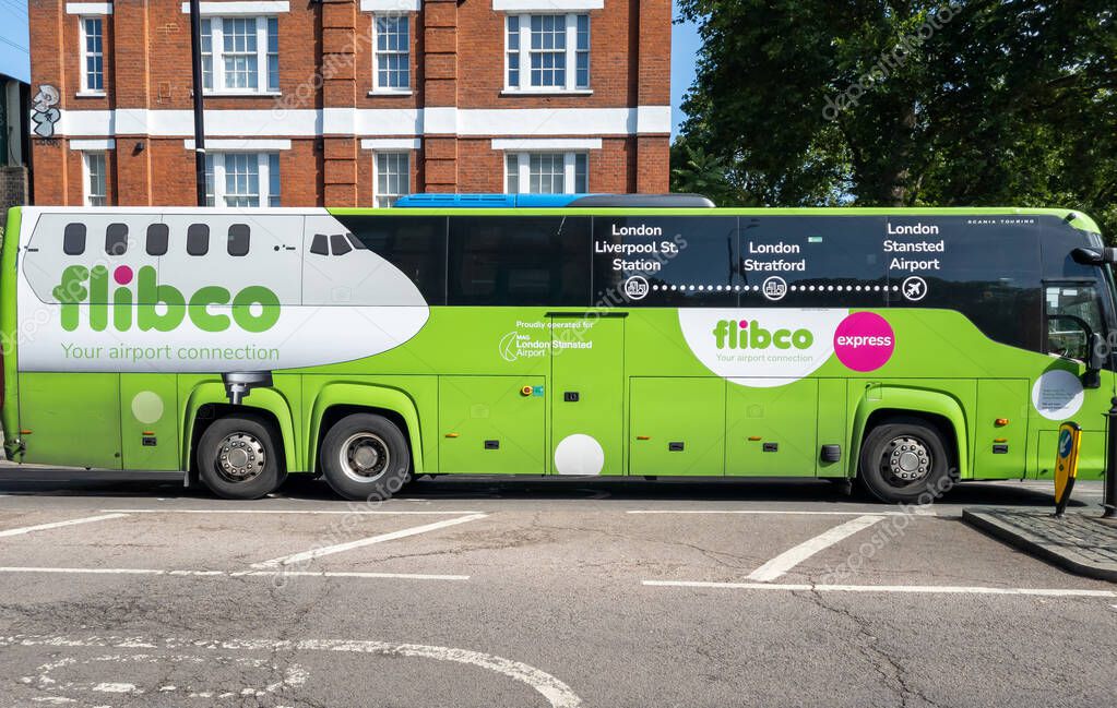 London. UK- 06.27.2025. A Flibco coach on the street. A public transport company operating bus lines to airports.