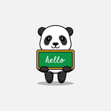 Kara tahta taşıyan şirin panda merhaba diyor.
