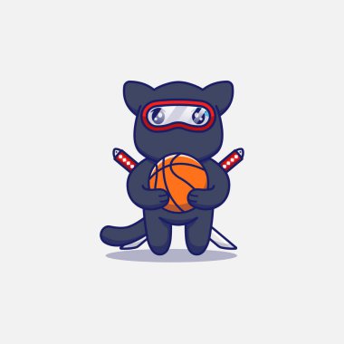Sevimli ninja kedi basket topu taşıyor.