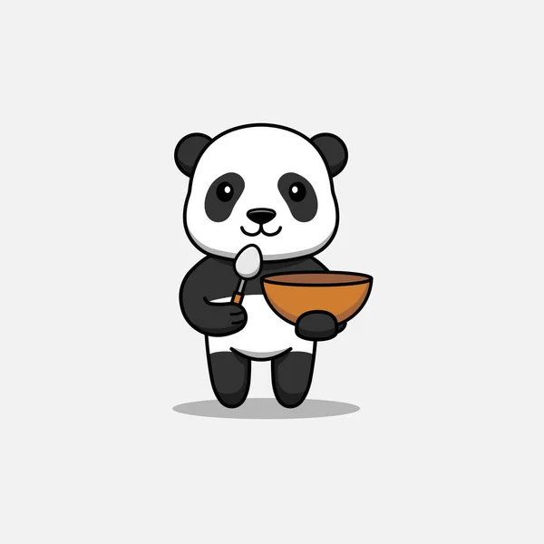 Aranyos Panda Kezében Egy Kanál Tál — Stock Vector