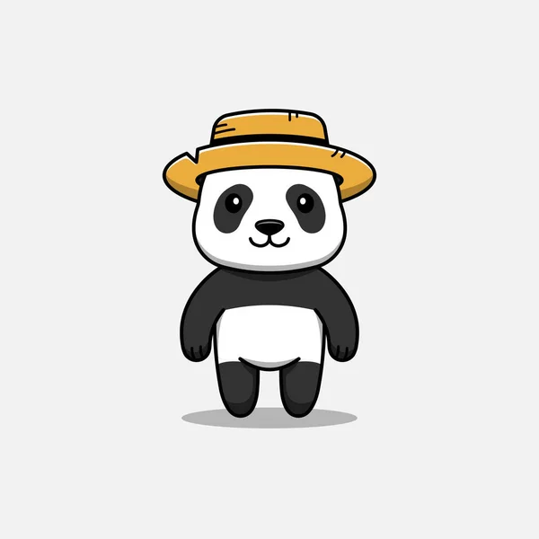 Lindo Panda Con Sombrero Paja — Vector de stock