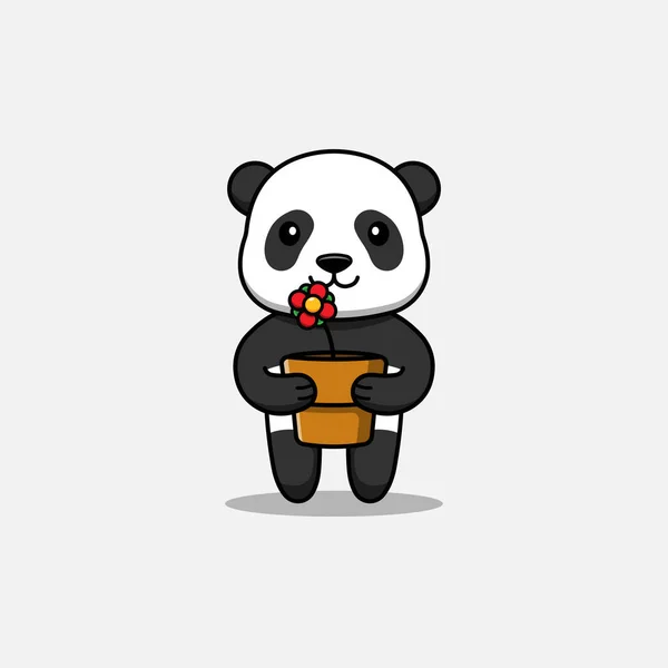 Niedlicher Panda Mit Einem Topf Voller Blumen — Stockvektor