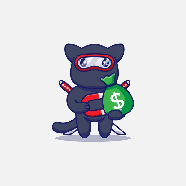 Niedliche Ninja Katze Bekommt Eine Tüte Geld Mit Einem Magneten — Stockvektor