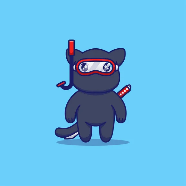 Niedliche Ninja Katze Mit Taucherbrille — Stockvektor