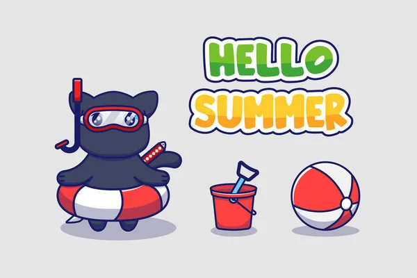 Cute Ninja Cat Hello Summer Greeting Banner — Stock Vector