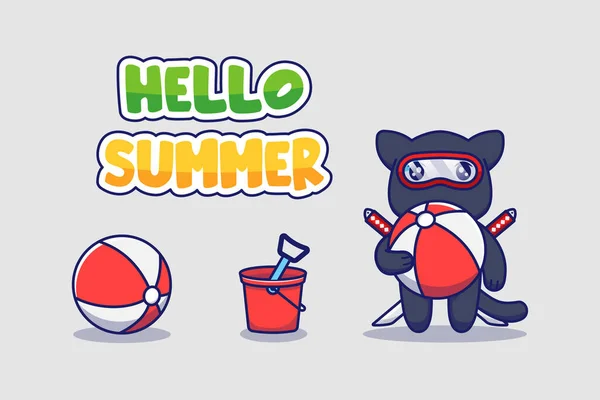 Gato Ninja Bonito Com Olá Verão Saudação Banner — Vetor de Stock