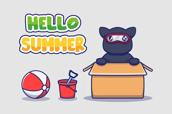 Niedliche Ninja Katze Mit Hallo Sommer Gruß Banner — Stockvektor