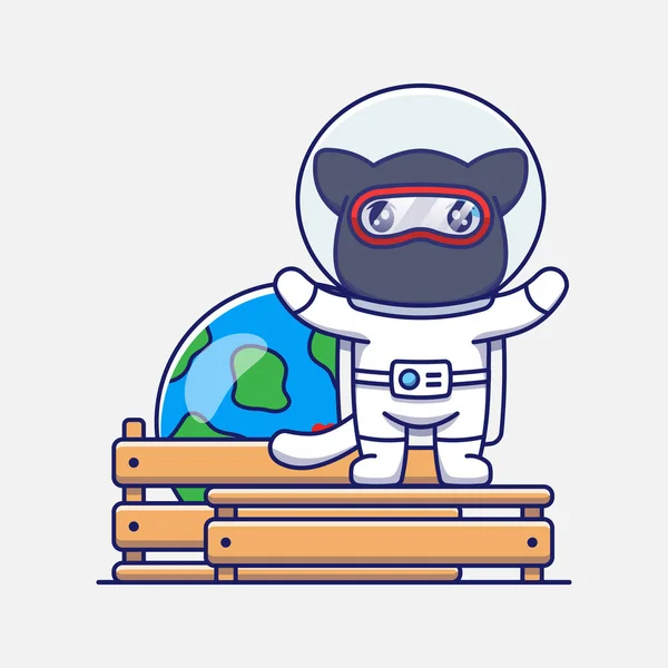 Cute Ninja Cat Wearing Astronaut Suit Planet Earth Model — Stock Vector