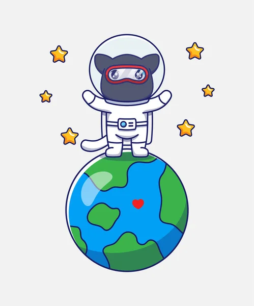 Cute Ninja Cat Wearing Astronaut Suit Planet Earth — Stock Vector