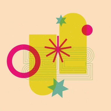 Renkli geometrik şekiller modayı takip eden riso grafik desen tarzında. Çeşitli geometri izole sembol demeti. Çocuklar ya da yaratıcı tasarım için temel unsurlar.