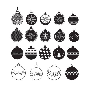 Noel baloları ikonları ayarlandı. Düz doğrusal dizayn edilmiş Noel topu simgeleri. 