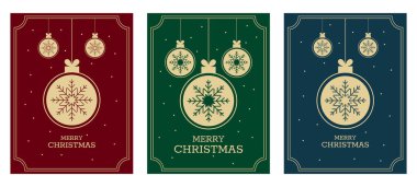 Noel kartı, zarif kart seti tasarımları. Altın kostüm ağacı, balo ve süslemeli mutlu noel davetiyeleri Kar Tanesi Vektör çizimleri.