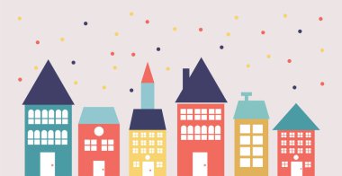 Farklı ülkelerin ve şehirlerin bayraklarıyla renkli evler, seyahat ve eğlence. düz vektör illüstrasyonu.