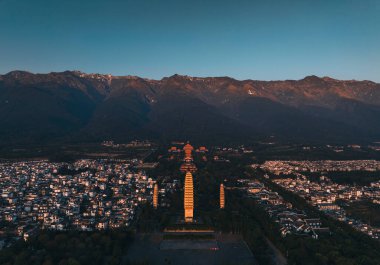 Dali Old Town and Three Pagodas at sunset.