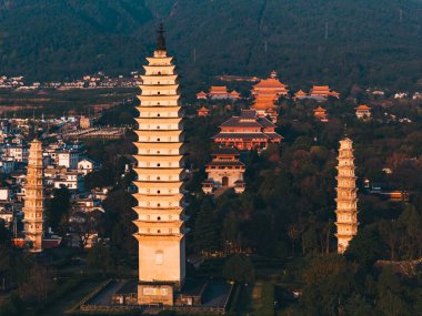 Dali Old Town and Three Pagodas at sunset.