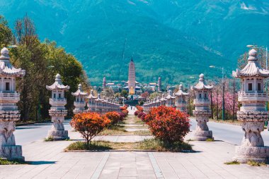 Old Town of Dali with Three Pagodas during the summer day 