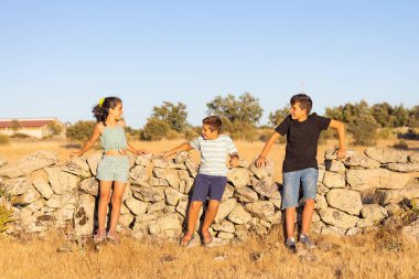 Yazın taş duvarın önünde üç çocuk.