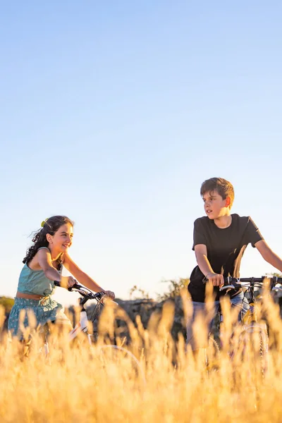 Two kids on a bike in front of a wheat field