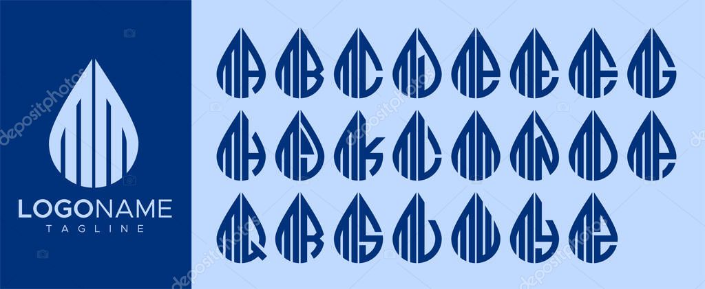 Collection of water drop M letter logo design. Droplet M letter logo brand template set.