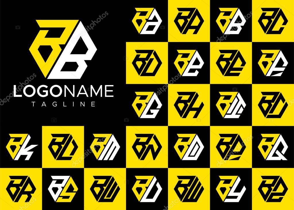 Set of hexagon B letter logo design. Modern letter B logo template vector bundle.