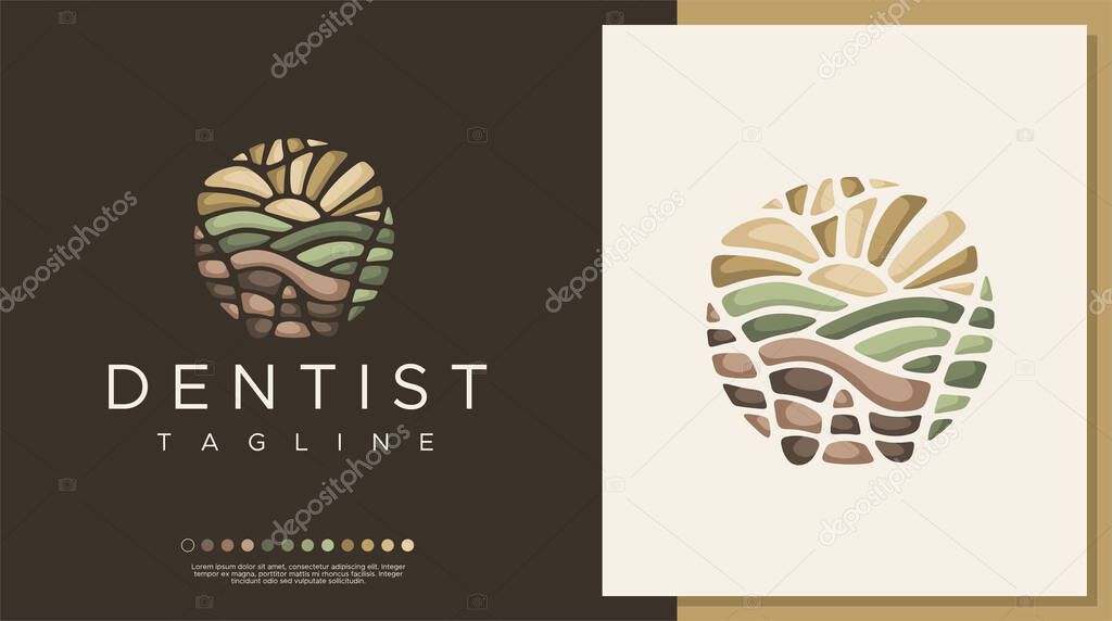 Circle landscape dental logo design template. Nature tooth logo vector.