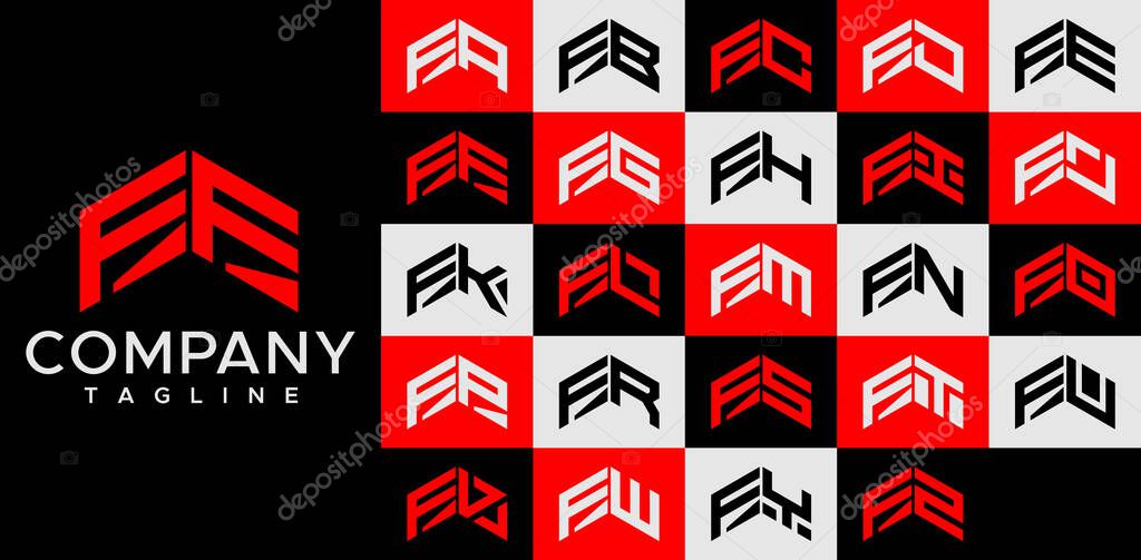 Upward arrow letter F logo design template set. Abstract line FF F letter logo vector.