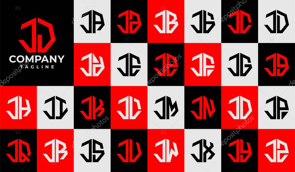 Set of line heptagon abstract letter J JJ logo design.