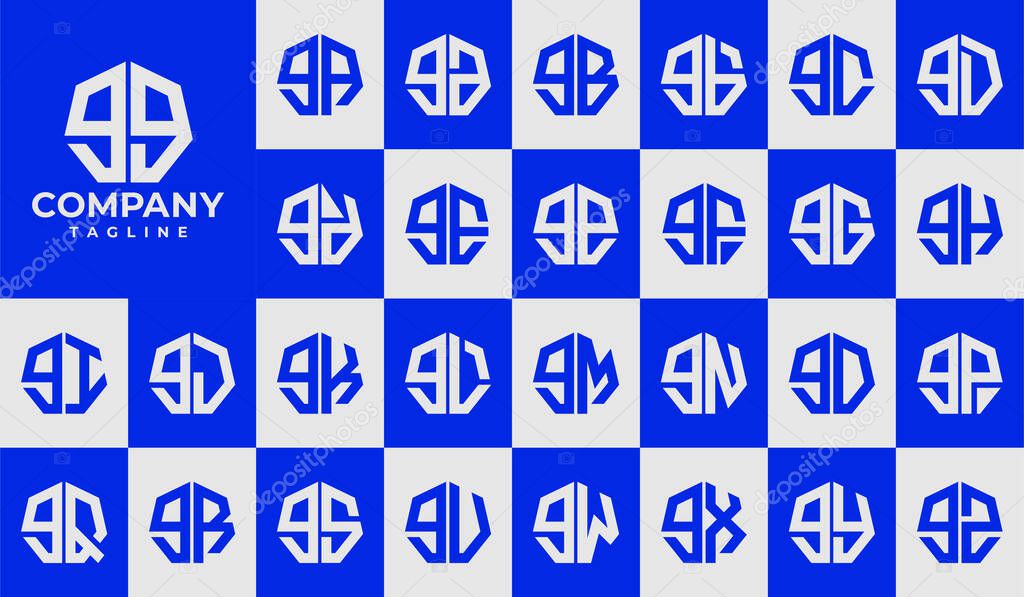 Line heptagon lowercase letter G GG logo design, number 9 99 graphic set.