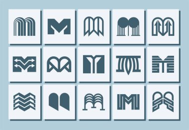 Geometrik çizgi teknoloji harfi M logo tasarımı seti